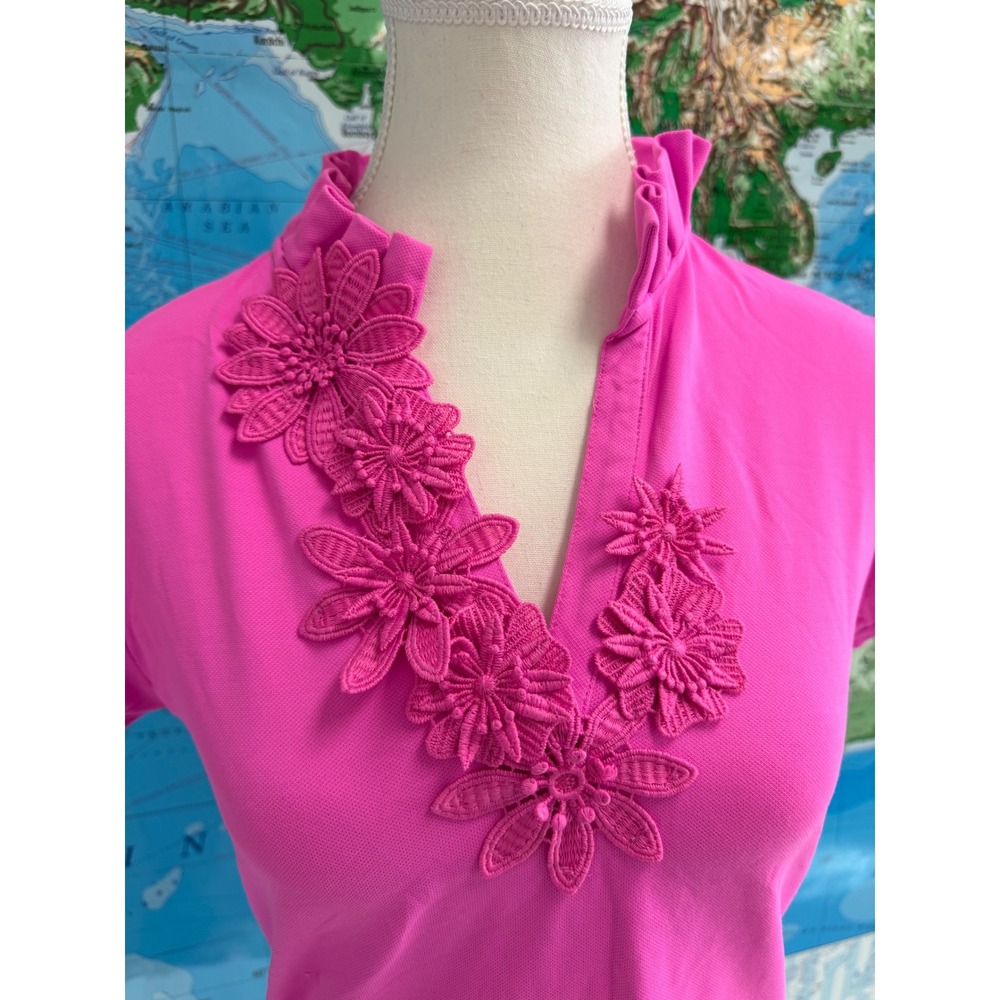 Lilly Pulitzer Luxletic Pink Ruffle Neck Floral Applique Polo Top Small